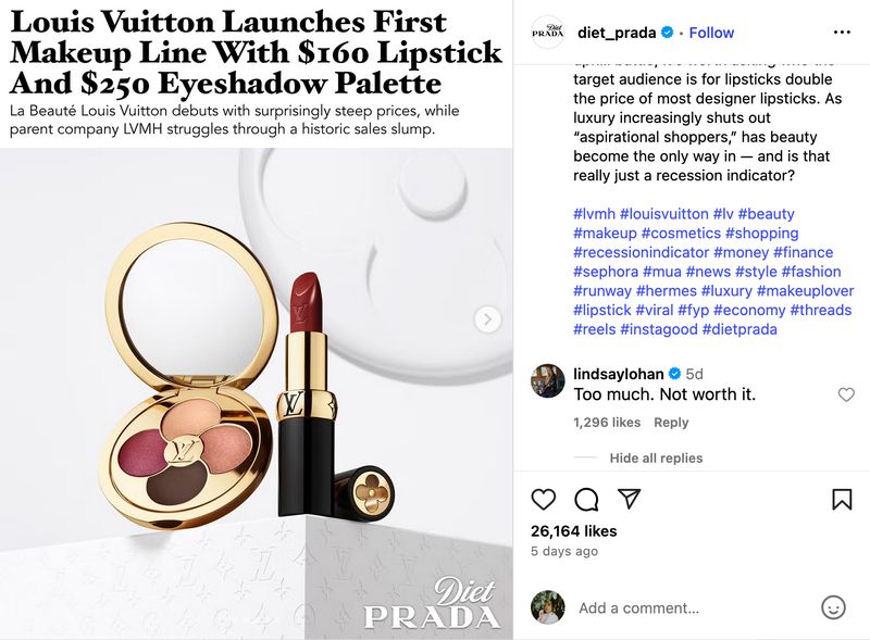 Lindsay Lohan kritik makeup Louis Vuitton di Instagram.