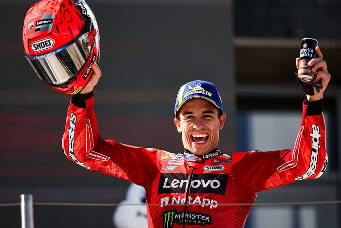 BALATONFOKAJAR, HUNGARY - AUGUST 24: Marc Marquez of Spain riding the Lenovo Ducati (93) celebrates his victory on the podium after Michelin Grand Prix of Hungary at Balaton Park on August 24, 2025 near Balatonfokajar, Hungary. (Photo by Qian Jun/MB Media/Getty Images)