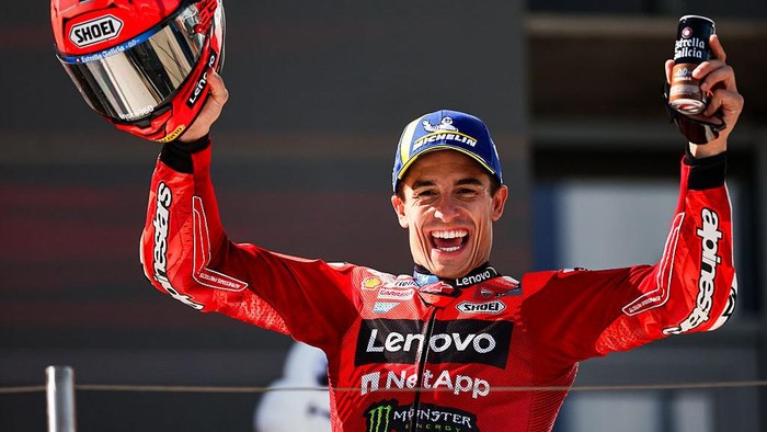 BALATONFOKAJAR, HUNGARY - AUGUST 24: Marc Marquez of Spain riding the Lenovo Ducati (93) celebrates his victory on the podium after Michelin Grand Prix of Hungary at Balaton Park on August 24, 2025 near Balatonfokajar, Hungary. (Photo by Qian Jun/MB Media/Getty Images)