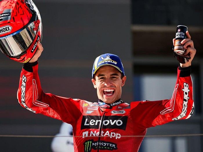 BALATONFOKAJAR, HUNGARY - AUGUST 24: Marc Marquez of Spain riding the Lenovo Ducati (93) celebrates his victory on the podium after Michelin Grand Prix of Hungary at Balaton Park on August 24, 2025 near Balatonfokajar, Hungary. (Photo by Qian Jun/MB Media/Getty Images)