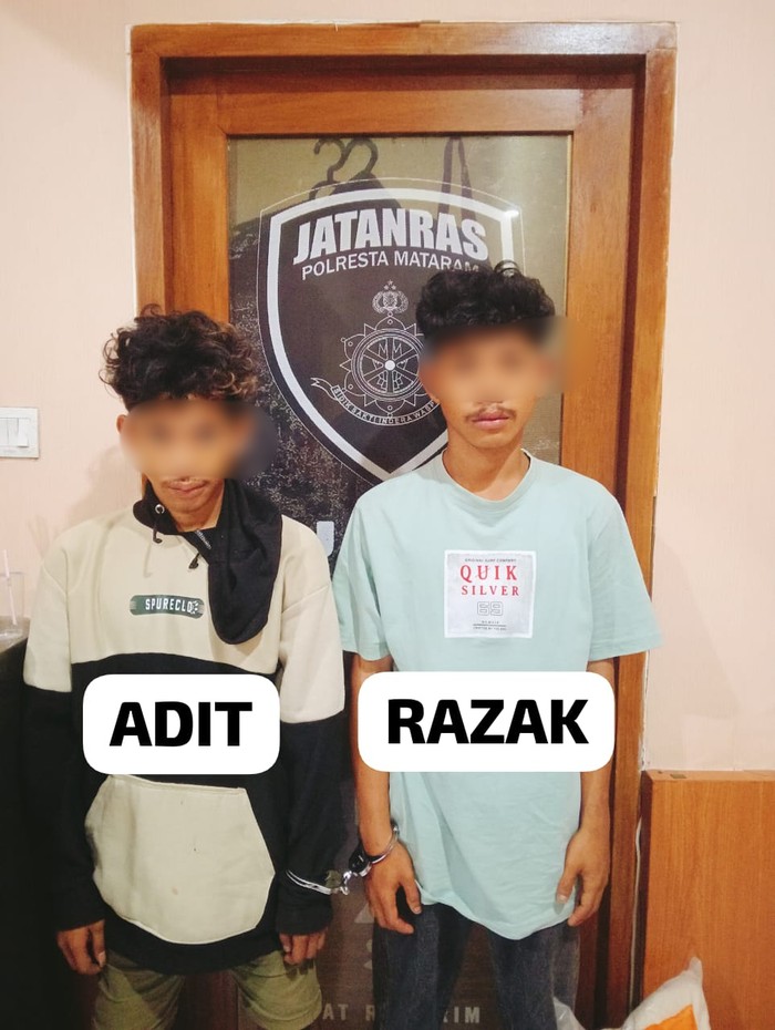Adit dan Razak, dua pria pencuri tabung LPG dan beras di panti asuhan Lingkungan Presak Tempit, Kelurahan Ampenan Tengah, Kecamatan Ampenan, Mataram, NTB, diamankan polisi, Selasa (26/8/2025). (Dok. Polresta Mataram)