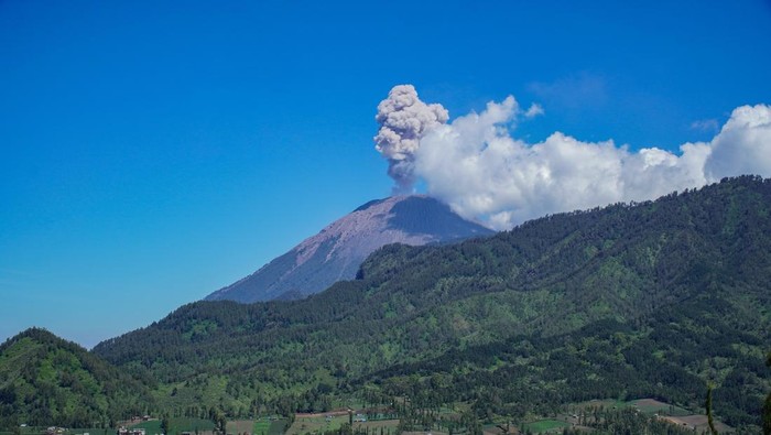 Foto udara asap vulkanis keluar dari kawah Gunung Semeru terlihat dari Desa Ranupani, Lumajang, Jawa Timur, Selasa (26/8/2025). Bedasarkan data Pusat Vulkanologi Mitigasi Bencana Geologi (PVMBG) pada periode pengamatan Senin (25/8) pukul 00.00-24.00 WIB, Gunung Semeru mengalami aktivitas vulkanik 41 kali gempa letusan atau erupsi dengan amplitudo 10-22 mm selama 51-178 detik, 12 kali gempa hembusan dengan amplitudo 2-8 mm selama 50-81 detik, dan lima kali gempa Guguran dengan amplitudo 2-8 mm selama 50-81 detik. ANTARA FOTO/Irfan Sumanjaya/YU