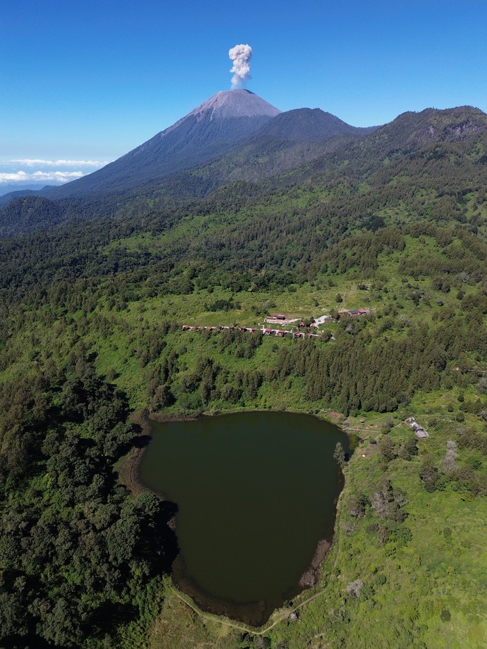 Foto udara asap vulkanis keluar dari kawah Gunung Semeru terlihat dari Desa Ranupani, Lumajang, Jawa Timur, Selasa (26/8/2025). Bedasarkan data Pusat Vulkanologi Mitigasi Bencana Geologi (PVMBG) pada periode pengamatan Senin (25/8) pukul 00.00-24.00 WIB, Gunung Semeru mengalami aktivitas vulkanik 41 kali gempa letusan atau erupsi dengan amplitudo 10-22 mm selama 51-178 detik, 12 kali gempa hembusan dengan amplitudo 2-8 mm selama 50-81 detik, dan lima kali gempa Guguran dengan amplitudo 2-8 mm selama 50-81 detik. ANTARA FOTO/Irfan Sumanjaya/YU