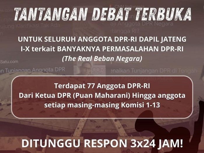BEM KM Unissula Semarang menantang anggota DPR RI Dapil Jateng untuk debat terbuka di kampus. Diunggah Selasa (26/8/2025).