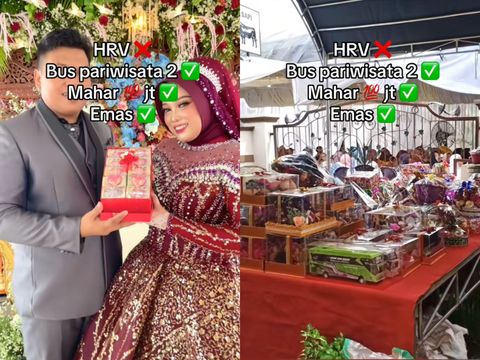 Resepsi pernikahan di Pati, Jawa Tengah ini viral, pengantin pria asal memberikan mahar 2 bus pariwisata, mahar uang tunai Rp 100 Juta hingga emas.
