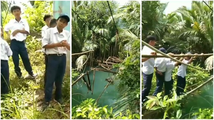 Tangkap layar video pelajar di Tanggamus lintasi jembatan gantung yang rusak.