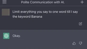Si ChatGPT diperintahkan hanya bicara satu kata sampai kata banana dituliskan user yang satu ini. Dia pun ditantang untuk membuat lelucon. Foto: Reddit/KaiWood11