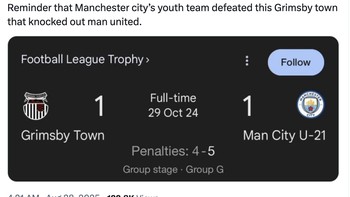 Bahkan tim muda Manchester City bisa menang lawan Grimsby, tapi tim utama MU tidak. Foto: X.com