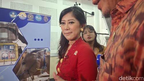 Menteri Komunikasi dan Digital, Meutya Hafid, saat memberikan kuliah umum tentang AI di Auditorium Widyasabha, Kampus Unud Jimbaran, Bali. Kamis (28/8/2025). (Fabiola Dianira)
