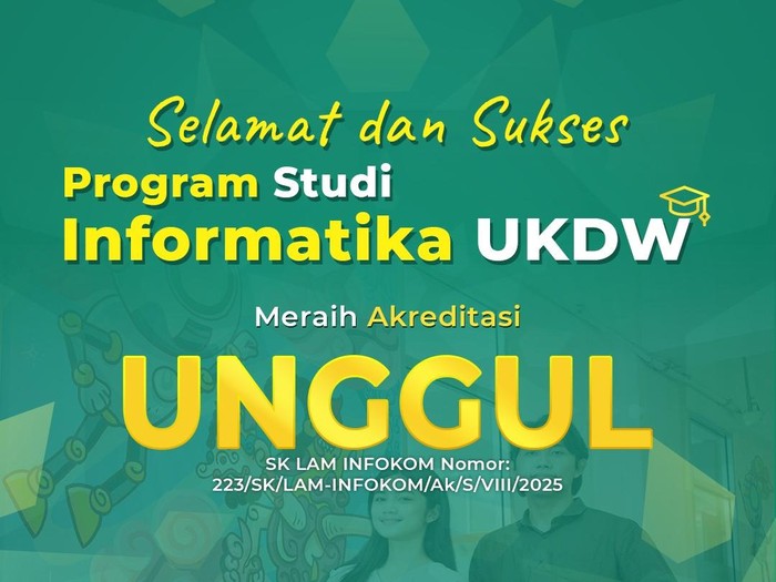 Program Studi Informatika Universitas Kristen Duta Wacana (UKDW) mendapat predikat Akreditasi Unggul dari Lembaga Akreditasi Mandiri Informatika dan Komputer (LAM INFOKOM).