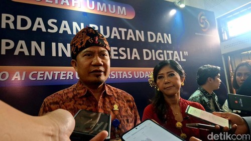 Rektor Unud I Ketut Sudarsana dan Menkomdigi Meutya Hafid saat ditemui di Auditorium Widyasabha Unud, Jimbaran, Kuta Selatan, Badung, Bali, Kamis (28/8/2025). (Foto: Fabiola Dianira/detikBali)