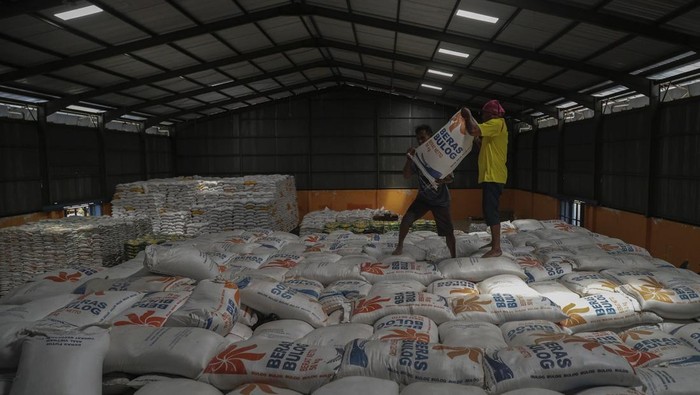 Stok Beras Aman, Indonesia Diproyeksi Surplus Hingga Akhir 2025 Sejumlah pekerja membongkar muat beras di Gudang Bulog Ternate, Maluku Utara, Kamis (28/8/2025). Kementerian Pertanian menyebutkan proyeksi ketersediaan beras nasional periode Januari-Desember 2025 sebanyak 36,98 juta ton dengan kebutuhan beras 23,2 juta ton dan surplus pada Januari-September 2025 diperkirakan mencapai 13,78 juta ton, capaian tersebut positif bagi ketahanan pangan nasional sekaligus mendukung target swasembada yang dicanangkan Presiden Prabowo Subianto. ANTARA FOTO/Andri Saputra