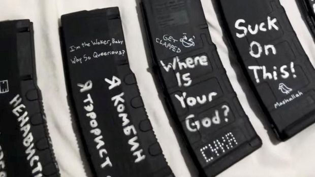 Weapons and rifle magazines, adorned with messages and names, appear in a still image from an undated video that was previously posted to social media and filmed by Robin Westman, identified by a law enforcement source as the suspected shooter in the Annunciation Church attack in Minneapolis. The video has since been removed. Robin Westman via YouTube/via REUTERS THIS IMAGE HAS BEEN SUPPLIED BY A THIRD PARTY. NO RESALES. NO ARCHIVES.