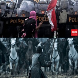 Potret Ibu Berhijab Merah Muda Viral, Disejajarkan Battle of the Bastards