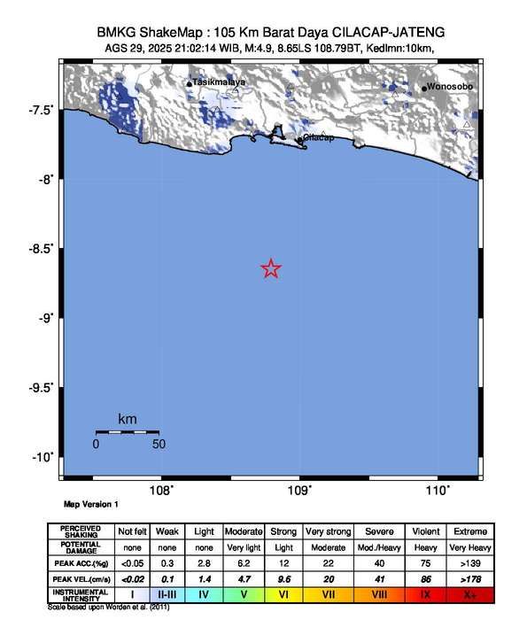 Gempa Bumi tektonik dengan magnitudo 4,9 M dirasakan di Pangandaran, Jawa Barat. (Dok. BMKG)