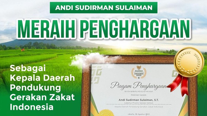 Gubernur Sulsel Andi Sudirman Sulaiman meraih Baznas Award 2025.