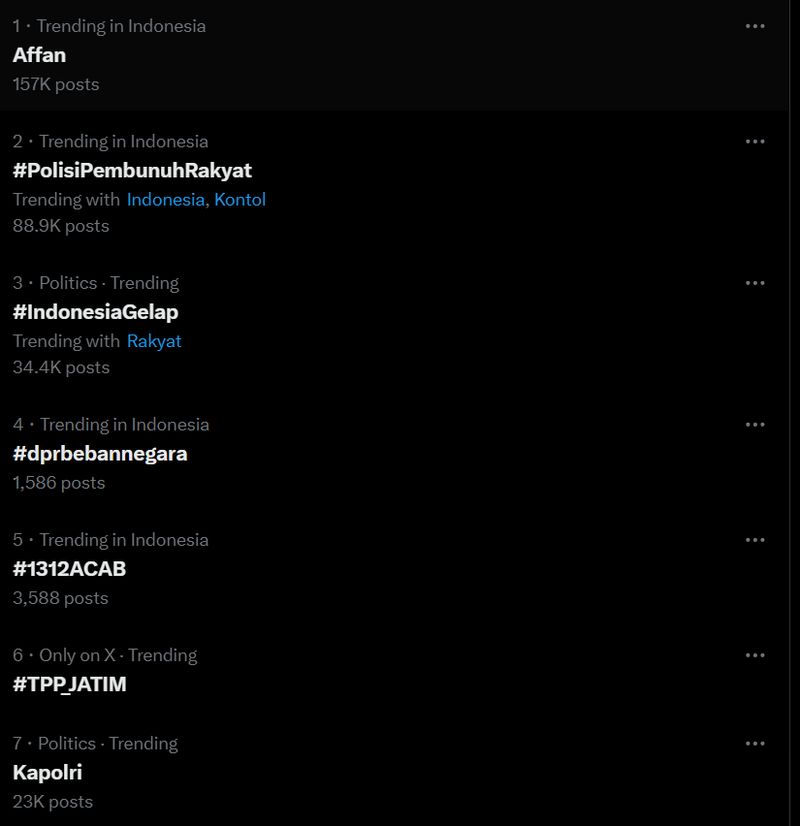 'Affan' hingga '#IndonesiaGelap' menduduki trending topic Indonesia di X.