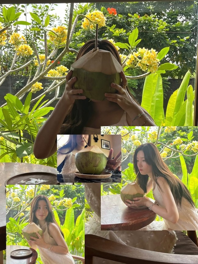 Ada pula potret Jung Chaeyeon duduk di restoran lokal sambil minum kelapa muda. Momennya ‘melokal’ langsung menarik perhatian dari penggemar. Foto: dok. Instagram @j_chaeyeoni