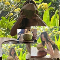 Ada pula potret Jung Chaeyeon duduk di restoran lokal sambil minum kelapa muda. Momennya ‘melokal’ langsung menarik perhatian dari penggemar. Foto: dok. Instagram @j_chaeyeoni