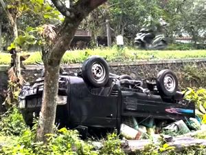 Ringsek! Pikap Sayur Tetiba Oleng Lalu Terbalik di Sentolo Kulon Progo