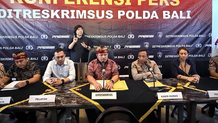 Konferensi pers Ditreskrimsus Polda Bali soal penghentian kasus royalti musik antara LMK Selmi dengan Mie Gacoan Bali, Jumat (28/8/2025). (Dok. Polda Bali)