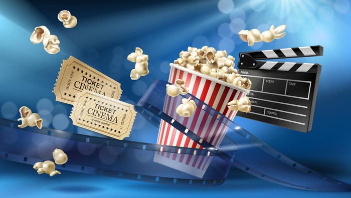 Cinema blue background with 3d realistic objects popcorn, tape, tickets and clapperboard. Vector concept colorful illustration with elements of film industry. Template for ad, poster, presentation