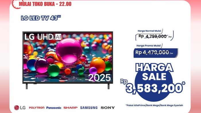 Minggu, 31 Agustus 2025, Transmart Full Day Sale kembali hadir. Tentunya ini menjadi kesempatan yang tidak boleh dilewatkan, karena beli LG LED TV 43 inch cuma Rp 3 jutaan.