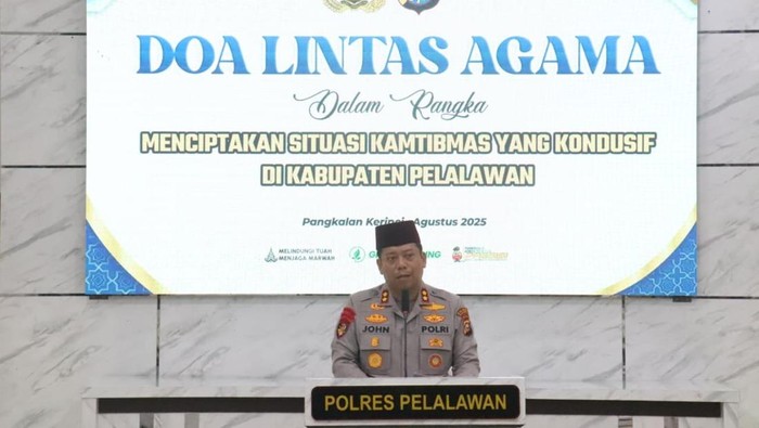 Polres Pelalawan menggelar doa lintas agama untuk menciptakan situasi kondusif, Minggu (31/8/2025). Kegiatan ini diikuti oleh tokoh agama Islam, Kristen Protestan, Hindu, dan Budha.