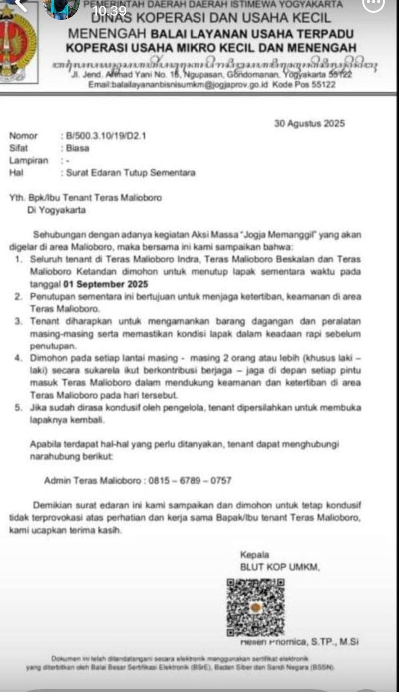 Surat edaran penutupan Malioboro