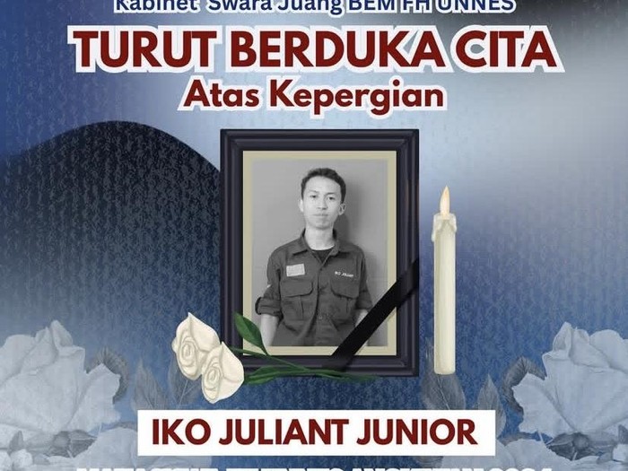 Mahasiswa Fakultas Hukum Universitas Negeri Semarang angkatan 2024, Iko Juliant Junior yang meninggal. Foto diunggah Senin (1/9/2025).