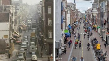 Pemandangan Amsterdam, Belanda, pada 1971 vs 2020. Sudah banyak yang beralih menggunakan sepeda. Foto: frorningboppy via Bored Panda