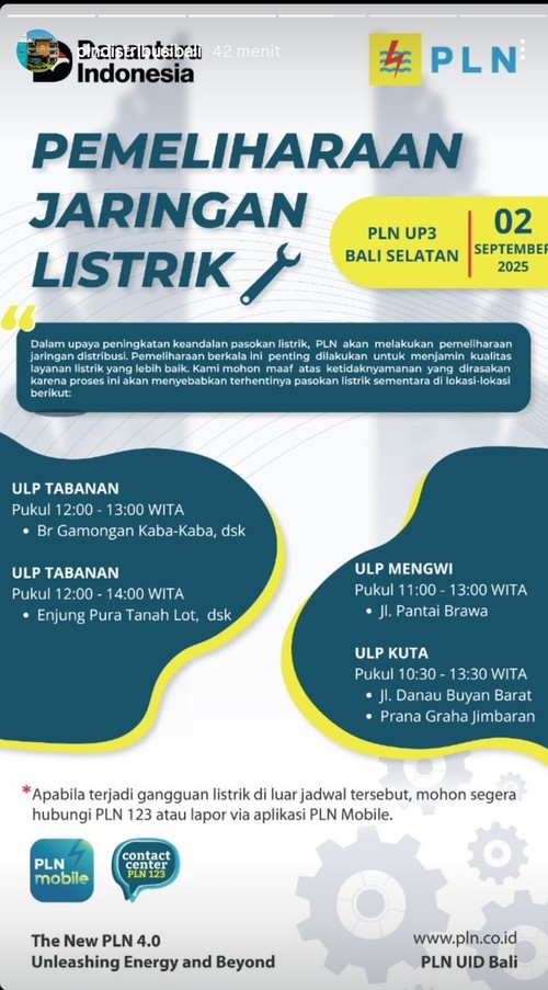 Jadwal pemadaman listrik bergilir di sejumlah wilayah Bali, Selasa (02/9/2025). (IG @plndistribusibali)