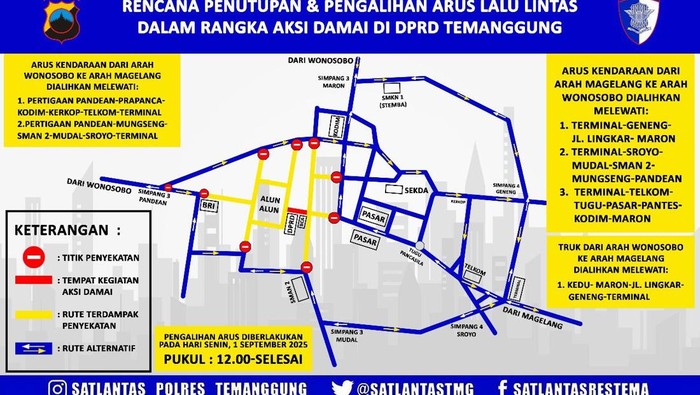 Flyer rekayasa arus lalu lintas (lalin) terkait dengan demo yang bakal berlangsung di DPRD Temanggung, Senin (1/9/2025).