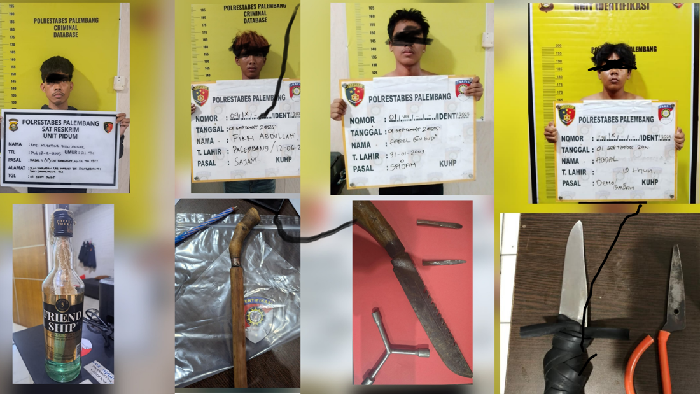 Tampang keempat remaja yang diamankan saat ketauan membawa sajam dan biom molotov saat demo di Palembang