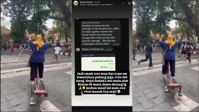 Emak-emak di Purwodadi asyik fitness di tengah massa demo berlarian