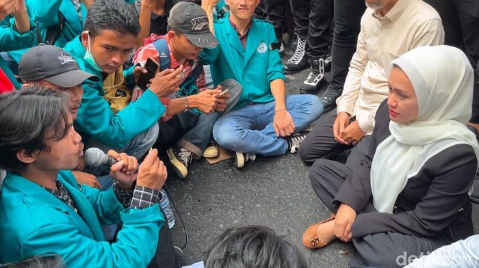 Ketua DPRD Sumut Erni saat menemui massa aksi. (Foto: Finta Rahyuni/detikSumut)