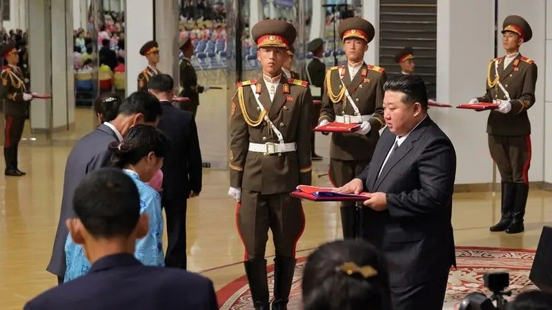 North Korean leader Kim Jong Un meets families of soldiers who participated in overseas military operations, in Pyongyang, North Korea, in this picture released by the Korean Central News Agency on August 30, 2025. (Reuters)