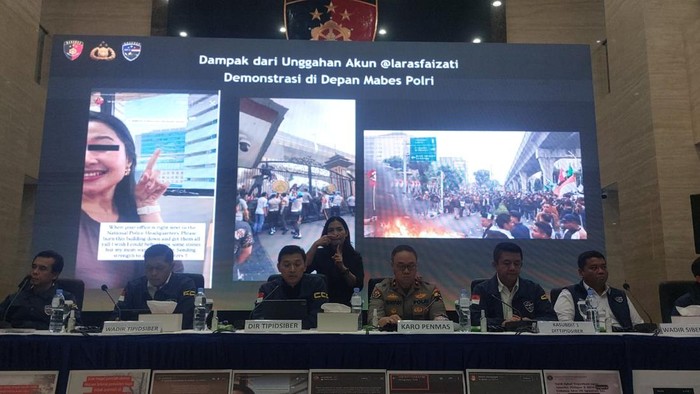 Direktorat Reserse Siber Polri menetapkan Laras Faizati sebagai tersangka atas hasutan pembakaran Gedung Mabes Polri. (Rumondang/detikcom)
