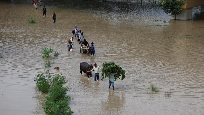 Hujan deras yang mengguyur India dalam beberapa hari terakhir memicu naiknya permukaan Sungai Yamuna dan menyebabkan banjir di sejumlah kawasan New Delhi, Rabu (3/9/2025). Jalan-jalan utama tergenang air sehingga mengganggu aktivitas warga. REUTERS/Anushree Fadnavis