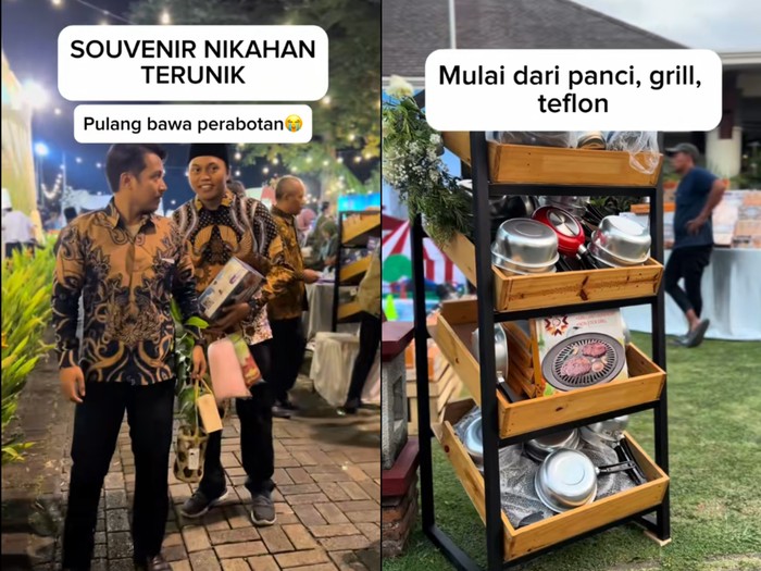Suasana pernikahan unik menjadi sorotan warganet di media sosial karena menyediakan souvenir unik berupa perabotan rumah, mulai dari panci, kipas angin hingga magicom untuk tamu undangan. Unggahan souvenir unik di Malang, Jawa Timur itu langsung viral.