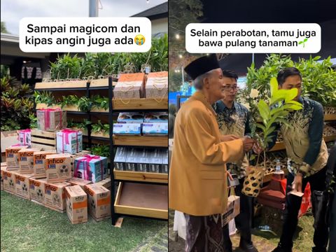 Suasana pernikahan unik menjadi sorotan warganet di media sosial karena menyediakan souvenir unik berupa perabotan rumah, mulai dari panci, kipas angin hingga magicom untuk tamu undangan. Unggahan souvenir unik di Malang, Jawa Timur itu langsung viral.