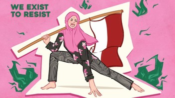 Poster ini terinspirasi dari sosok ibu berjilbab merah muda yang berani menghadapi aparat saat demo 28 Agustus 2025. Pink yang biasanya identik dengan kelembutan, kini berubah jadi simbol keberanian. Foto: X.com