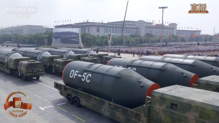 The DF-5C liquid-fueled intercontinental strategic nuclear missile makes debut at Chinas V-day military parade on September 3, 2025. Photo: Screenshot from CCTV News