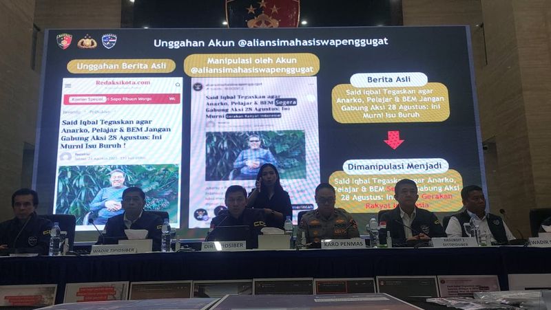 Bareskrim Polri dan Polda Metro Jaya menangkap 7 tersangka pelaku provokasi dan penghasutan massa untuk melakukan kericuhan di sejumlah lokasi. Dasar Polri menetapkan tersangka dan menangkap karena unggahan mereka di media sosial (medsos) mengandung usur pidana.