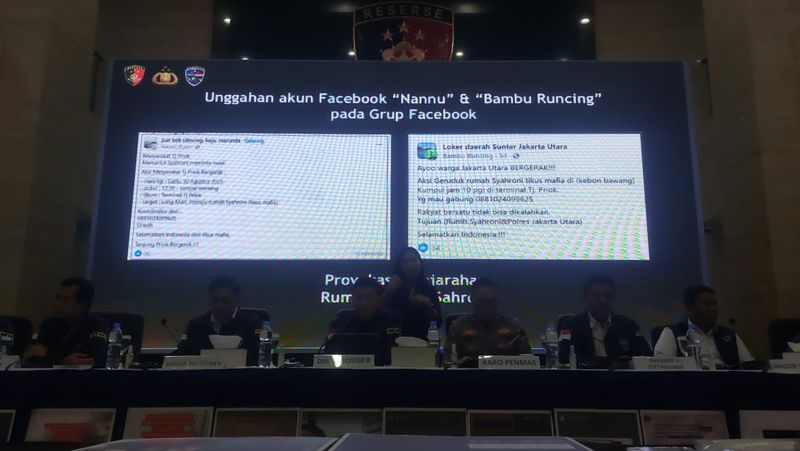 Bareskrim Polri dan Polda Metro Jaya menangkap 7 tersangka pelaku provokasi dan penghasutan massa untuk melakukan kericuhan di sejumlah lokasi. Dasar Polri menetapkan tersangka dan menangkap karena unggahan mereka di media sosial (medsos) mengandung usur pidana.