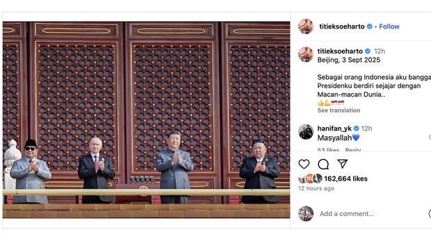 Titiek Soeharto mengunggah momen Presiden Prabowo Subianto menghadiri Perayaan 80 Tahun Kemenangan Perang Perlawanan Rakyat China yang digelar di Tian’anmen, Beijing, Republik Rakyat China pada Rabu, (3/9/2025). (Instagram/titieksoeharto)