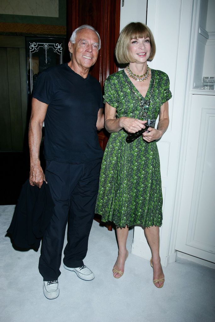 FRANCE - JULY 02:  Celebrities At Valentino Fall-Winter 2008-2009 Haute-Couture Fashion Show In Paris, France On July 02, 2008 - Giorgio Armani and Anna Wintour.  (Photo by Serge BENHAMOU/Gamma-Rapho via Getty Images)