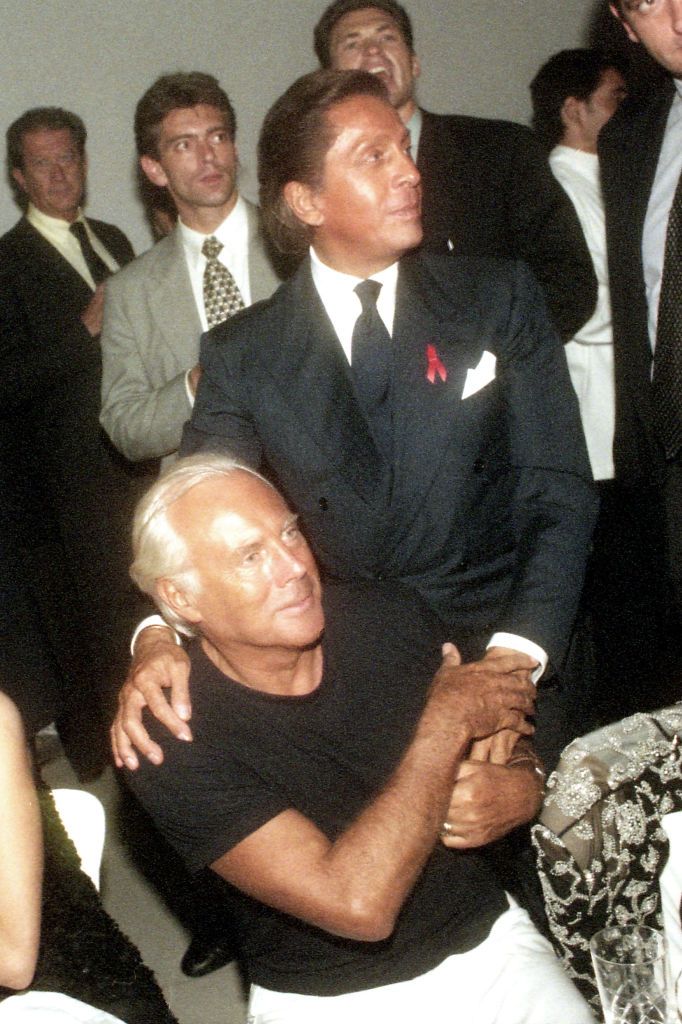 ROME, ITALY - SEPTEMBER 15: Italian fashion designers Giorgio Armani and Valentino, whose real name is Valentino Garavani, attend a party for the inauguration of three new Valentino's boutiques on September 15, 1995 in Rome, Italy. (Photo by Franco Origlia/Getty Images)