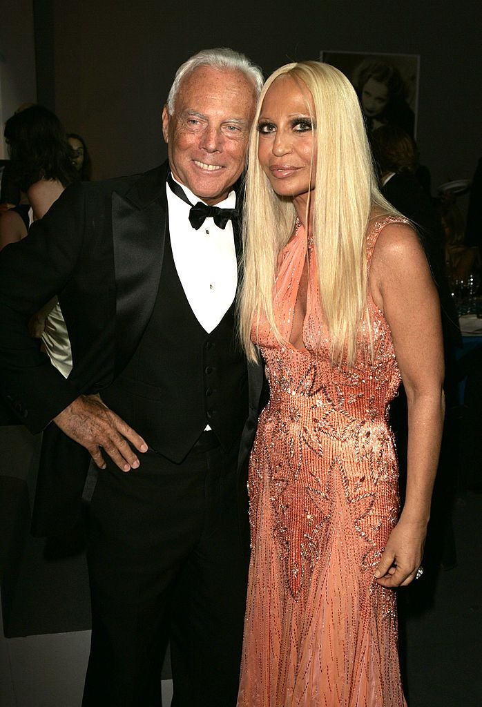 Giorgio Armani and Donatella Versace during amfAR's 