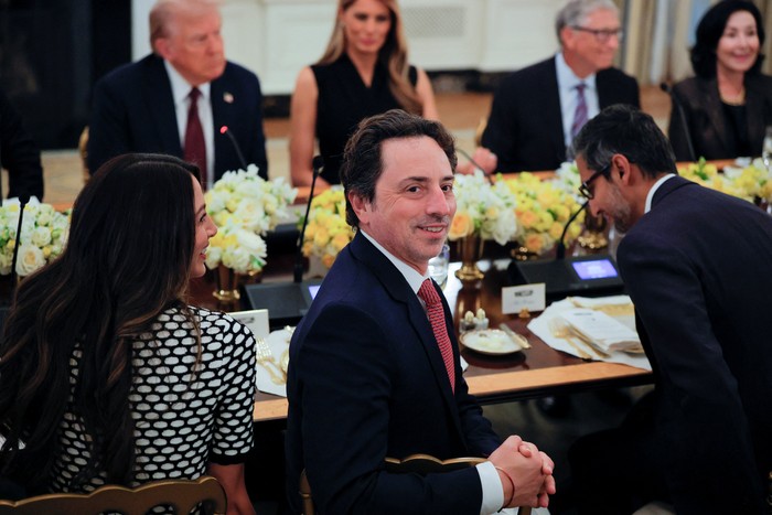 Google cofounder Sergey Brin attends a private dinner for technology and business leaders hosted by U.S. President Donald Trump in the State Dining Room at the White House in Washington, D.C., U.S., September 4, 2025.  REUTERS/Brian Snyder